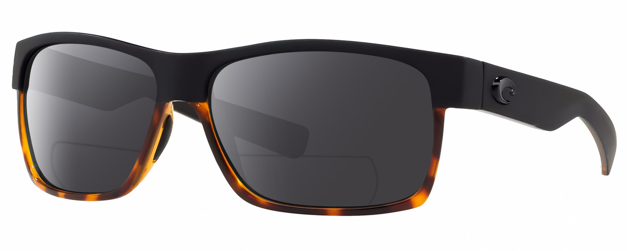 Profile View of Costa Del Mar Half Moon Designer Polarized Reading Sunglasses with Custom Cut Powered Smoke Grey Lenses in Matte Black Shiny Tortoise Havana Unisex Rectangular Full Rim Acetate 60 mm