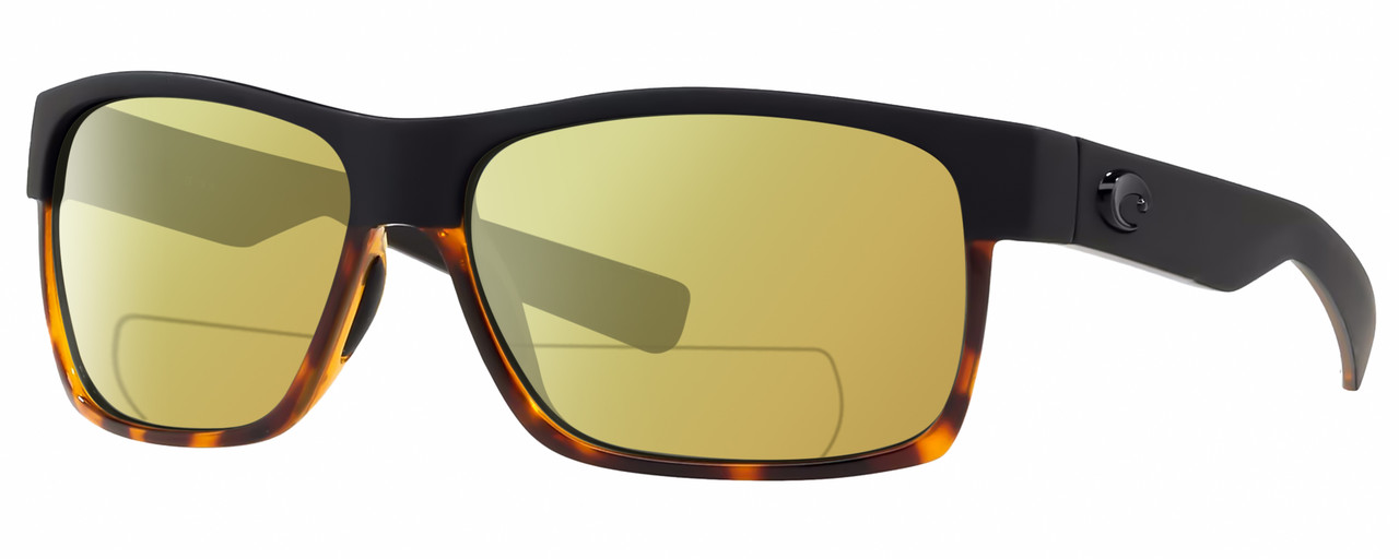 Profile View of Costa Del Mar Half Moon Designer Polarized Reading Sunglasses with Custom Cut Powered Sun Flower Yellow Lenses in Matte Black Shiny Tortoise Havana Unisex Rectangular Full Rim Acetate 60 mm