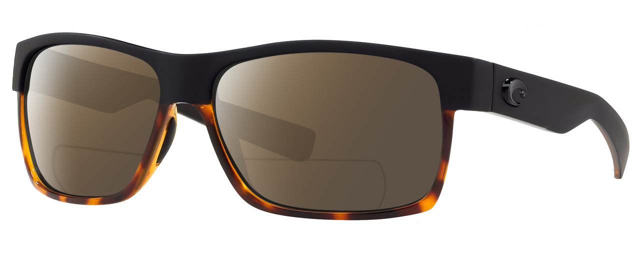 Profile View of Costa Del Mar Half Moon Designer Polarized Reading Sunglasses with Custom Cut Powered Amber Brown Lenses in Matte Black Shiny Tortoise Havana Unisex Rectangular Full Rim Acetate 60 mm