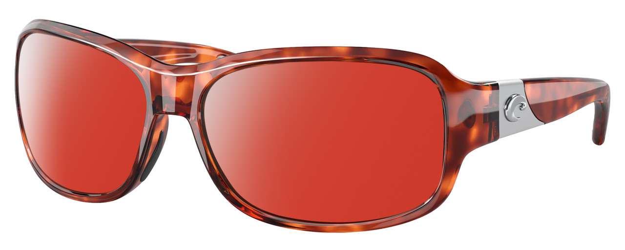 Profile View of Costa Del Mar Inlet Designer Polarized Sunglasses with Custom Cut Red Mirror Lenses in Amber Brown Tortoise Havana Silver Ladies Oval Full Rim Acetate 58 mm