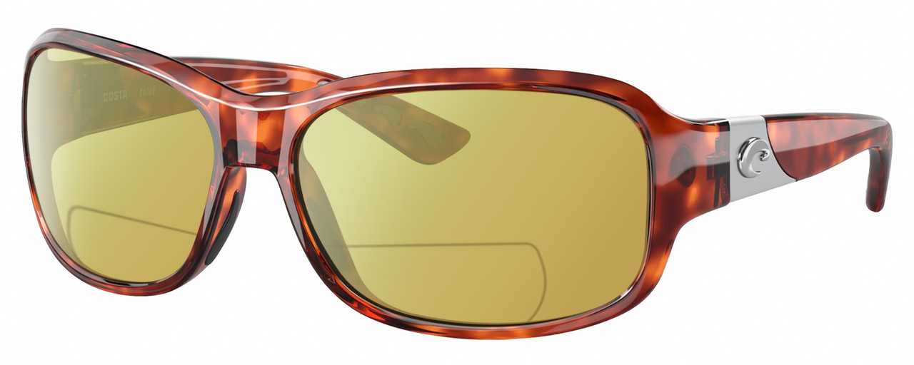 Profile View of Costa Del Mar Inlet Designer Polarized Reading Sunglasses with Custom Cut Powered Sun Flower Yellow Lenses in Amber Brown Tortoise Havana Silver Ladies Oval Full Rim Acetate 58 mm
