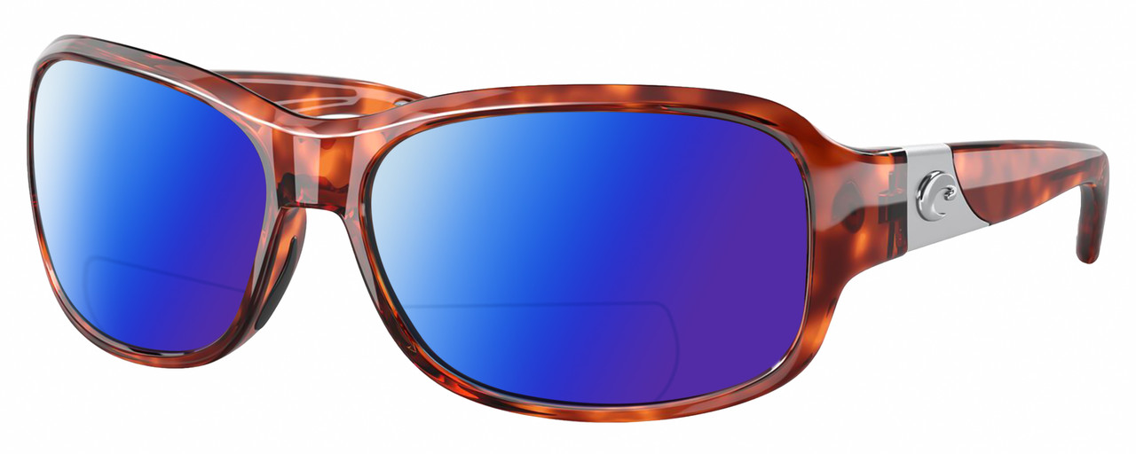 Profile View of Costa Del Mar Inlet Designer Polarized Reading Sunglasses with Custom Cut Powered Blue Mirror Lenses in Amber Brown Tortoise Havana Silver Ladies Oval Full Rim Acetate 58 mm