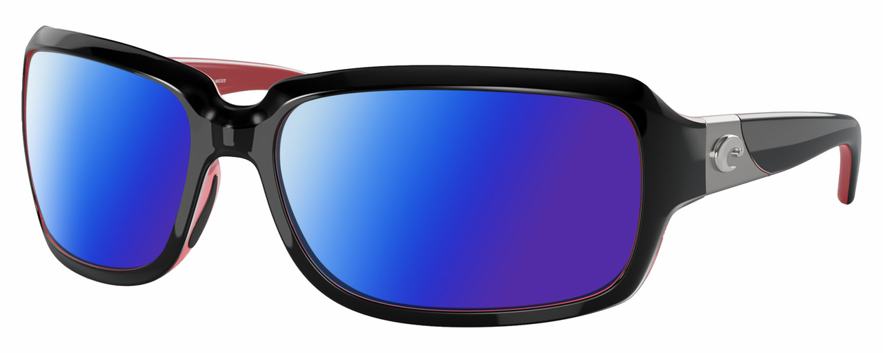Profile View of Costa Del Mar Isabela Designer Polarized Sunglasses with Custom Cut Blue Mirror Lenses in Shiny Black Coral Pink Silver Ladies Rectangular Full Rim Acetate 64 mm