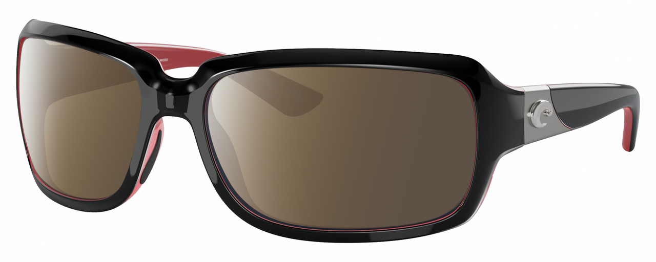 Profile View of Costa Del Mar Isabela Designer Polarized Sunglasses with Custom Cut Amber Brown Lenses in Shiny Black Coral Pink Silver Ladies Rectangular Full Rim Acetate 64 mm