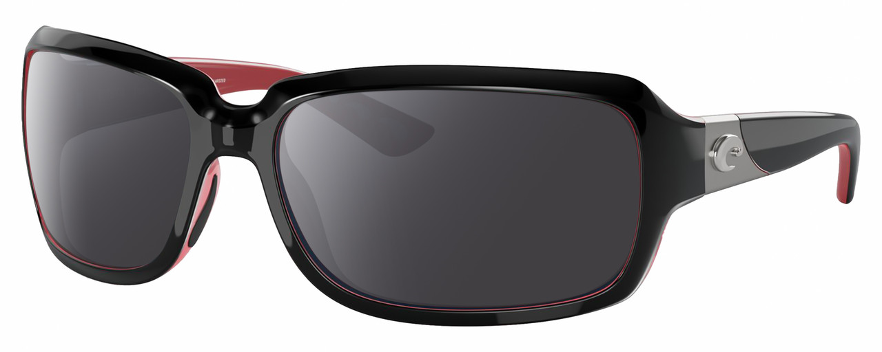 Profile View of Costa Del Mar Isabela Designer Polarized Sunglasses with Custom Cut Smoke Grey Lenses in Shiny Black Coral Pink Silver Ladies Rectangular Full Rim Acetate 64 mm