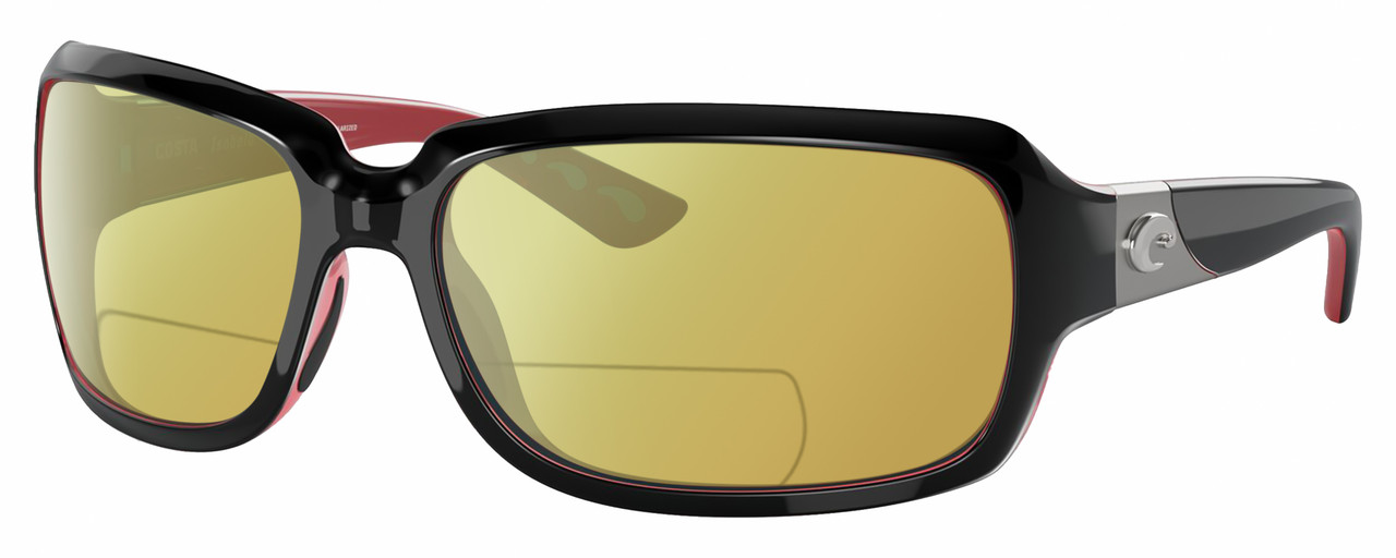 Profile View of Costa Del Mar Isabela Designer Polarized Reading Sunglasses with Custom Cut Powered Sun Flower Yellow Lenses in Shiny Black Coral Pink Silver Ladies Rectangular Full Rim Acetate 64 mm