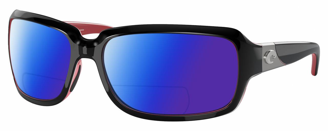 Profile View of Costa Del Mar Isabela Designer Polarized Reading Sunglasses with Custom Cut Powered Blue Mirror Lenses in Shiny Black Coral Pink Silver Ladies Rectangular Full Rim Acetate 64 mm