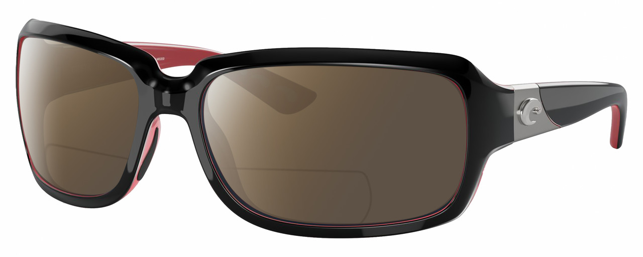 Profile View of Costa Del Mar Isabela Designer Polarized Reading Sunglasses with Custom Cut Powered Amber Brown Lenses in Shiny Black Coral Pink Silver Ladies Rectangular Full Rim Acetate 64 mm