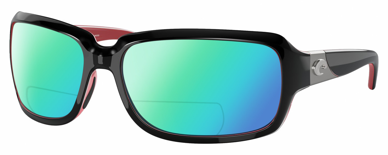 Profile View of Costa Del Mar Isabela Designer Polarized Reading Sunglasses with Custom Cut Powered Green Mirror Lenses in Shiny Black Coral Pink Silver Ladies Rectangular Full Rim Acetate 64 mm