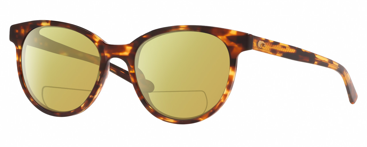Profile View of Costa Del Mar Isla Designer Polarized Reading Sunglasses with Custom Cut Powered Sun Flower Yellow Lenses in Shiny Amber Brown Tortoise Havana Gold Ladies Panthos Full Rim Acetate 54 mm