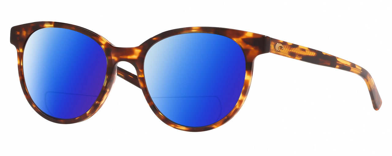 Profile View of Costa Del Mar Isla Designer Polarized Reading Sunglasses with Custom Cut Powered Blue Mirror Lenses in Shiny Amber Brown Tortoise Havana Gold Ladies Panthos Full Rim Acetate 54 mm