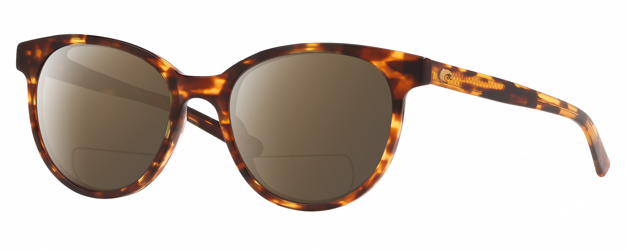Profile View of Costa Del Mar Isla Designer Polarized Reading Sunglasses with Custom Cut Powered Amber Brown Lenses in Shiny Amber Brown Tortoise Havana Gold Ladies Panthos Full Rim Acetate 54 mm