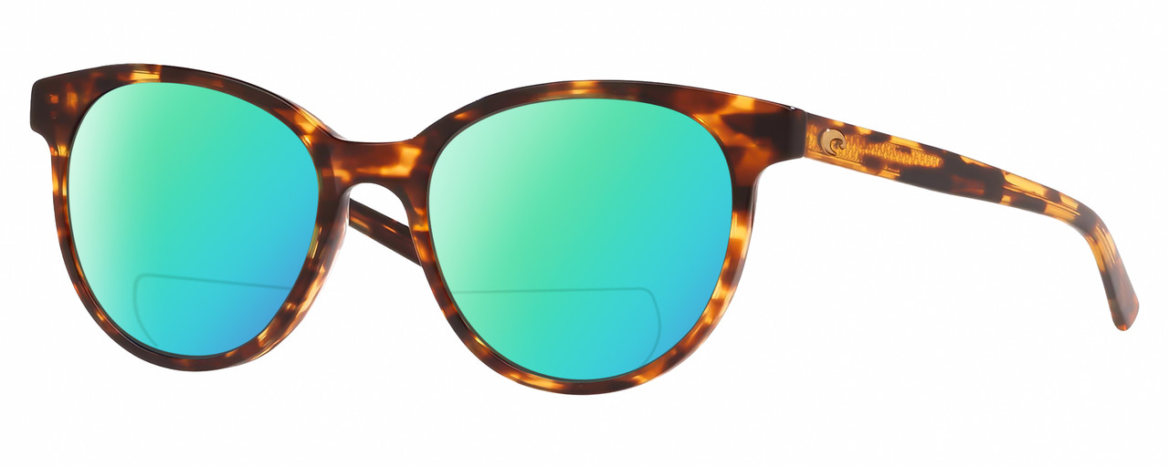 Profile View of Costa Del Mar Isla Designer Polarized Reading Sunglasses with Custom Cut Powered Green Mirror Lenses in Shiny Amber Brown Tortoise Havana Gold Ladies Panthos Full Rim Acetate 54 mm