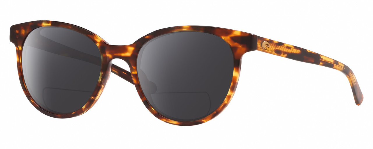 Profile View of Costa Del Mar Isla Designer Polarized Reading Sunglasses with Custom Cut Powered Smoke Grey Lenses in Shiny Amber Brown Tortoise Havana Gold Ladies Panthos Full Rim Acetate 54 mm