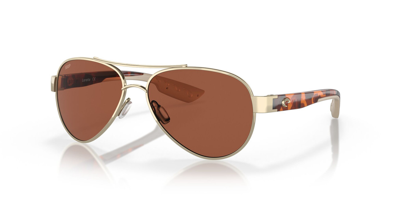 Profile View of Costa Del Mar Loreto Women Pilot Sunglasses Rose Gold/Polarized Copper 580P 56mm