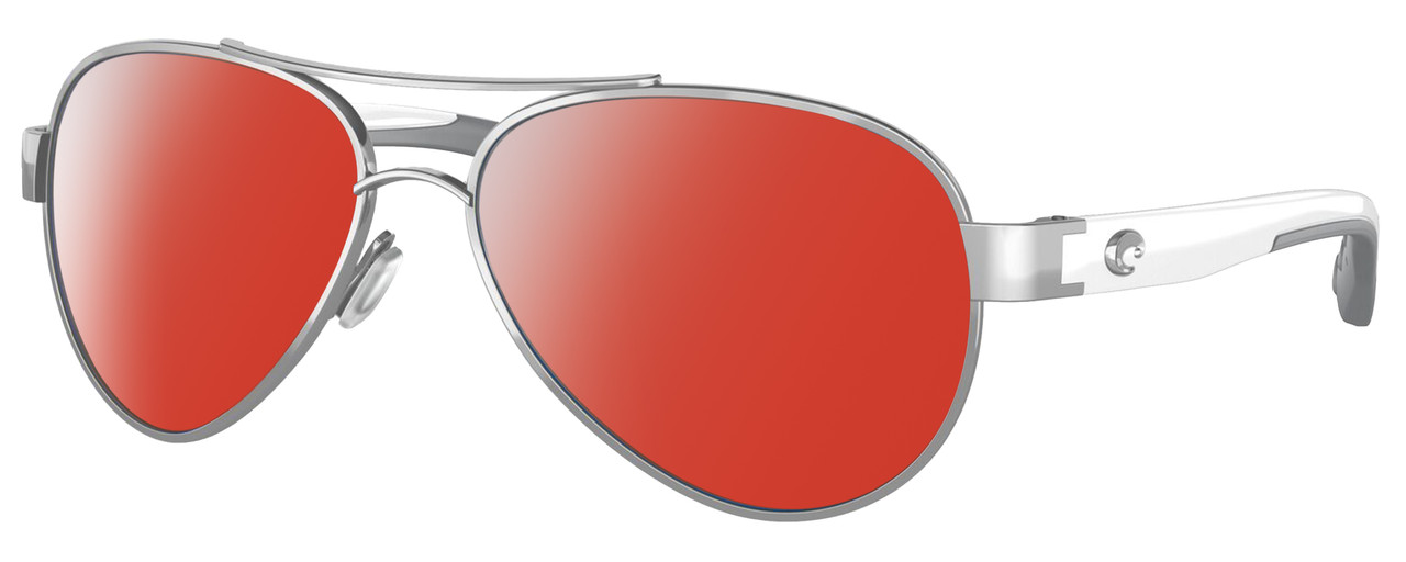Profile View of Costa Del Mar Loreto Designer Polarized Sunglasses with Custom Cut Red Mirror Lenses in Palladium Silver White Grey Ladies Pilot Full Rim Metal 56 mm