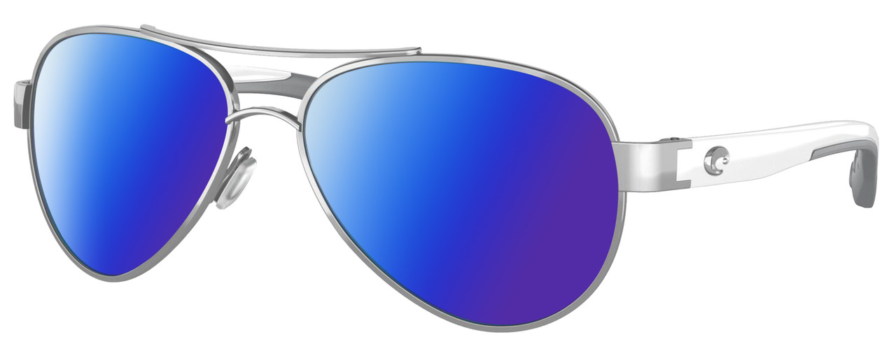 Profile View of Costa Del Mar Loreto Designer Polarized Sunglasses with Custom Cut Blue Mirror Lenses in Palladium Silver White Grey Ladies Pilot Full Rim Metal 56 mm