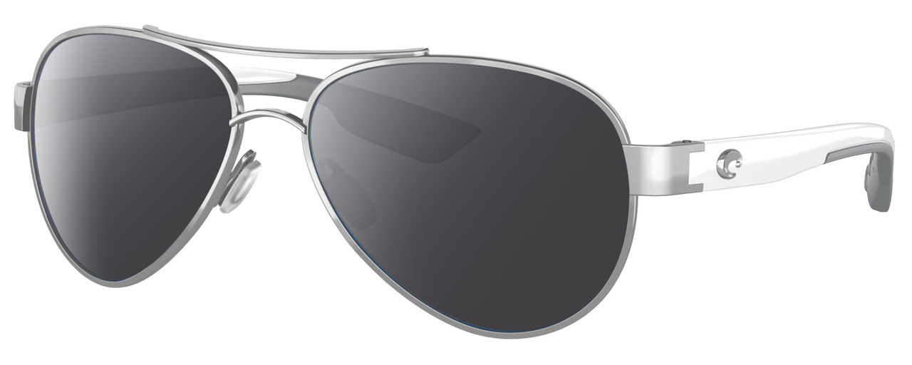 Profile View of Costa Del Mar Loreto Designer Polarized Sunglasses with Custom Cut Smoke Grey Lenses in Palladium Silver White Grey Ladies Pilot Full Rim Metal 56 mm
