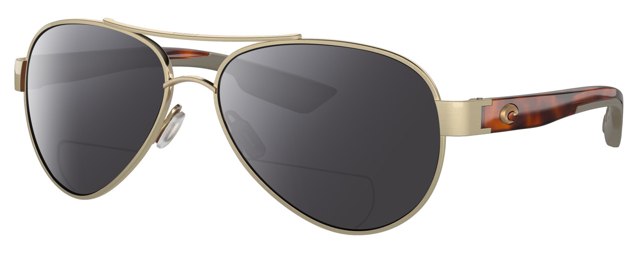 Profile View of Costa Del Mar Loreto Designer Polarized Reading Sunglasses with Custom Cut Powered Smoke Grey Lenses in Brushed Gold Brown Tortoise Havana Greige Ladies Pilot Full Rim Metal 56 mm