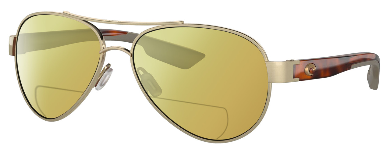 Profile View of Costa Del Mar Loreto Designer Polarized Reading Sunglasses with Custom Cut Powered Sun Flower Yellow Lenses in Brushed Gold Brown Tortoise Havana Greige Ladies Pilot Full Rim Metal 56 mm