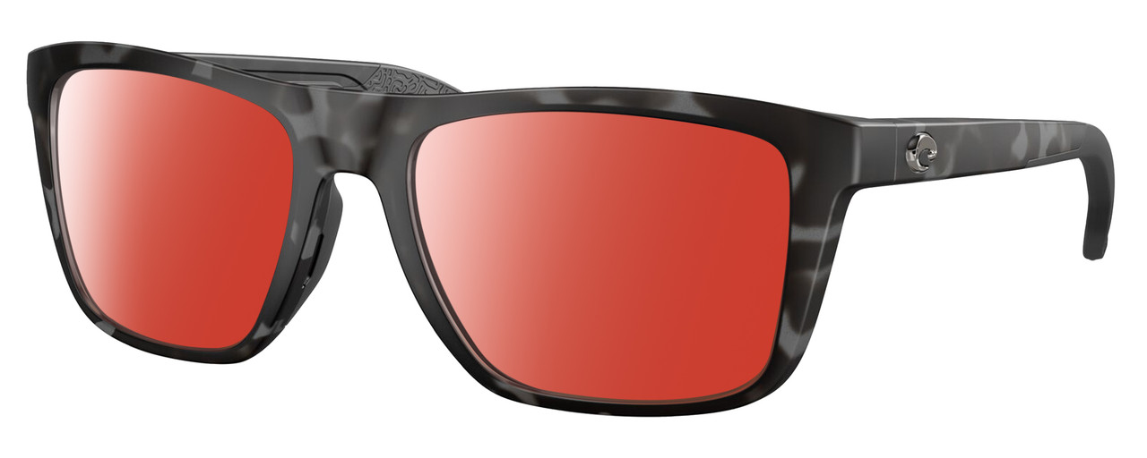 Profile View of Costa Del Mar Mainsail Designer Polarized Sunglasses with Custom Cut Red Mirror Lenses in Matte Gray Tiger Shark Unisex Rectangular Full Rim Acetate 55 mm