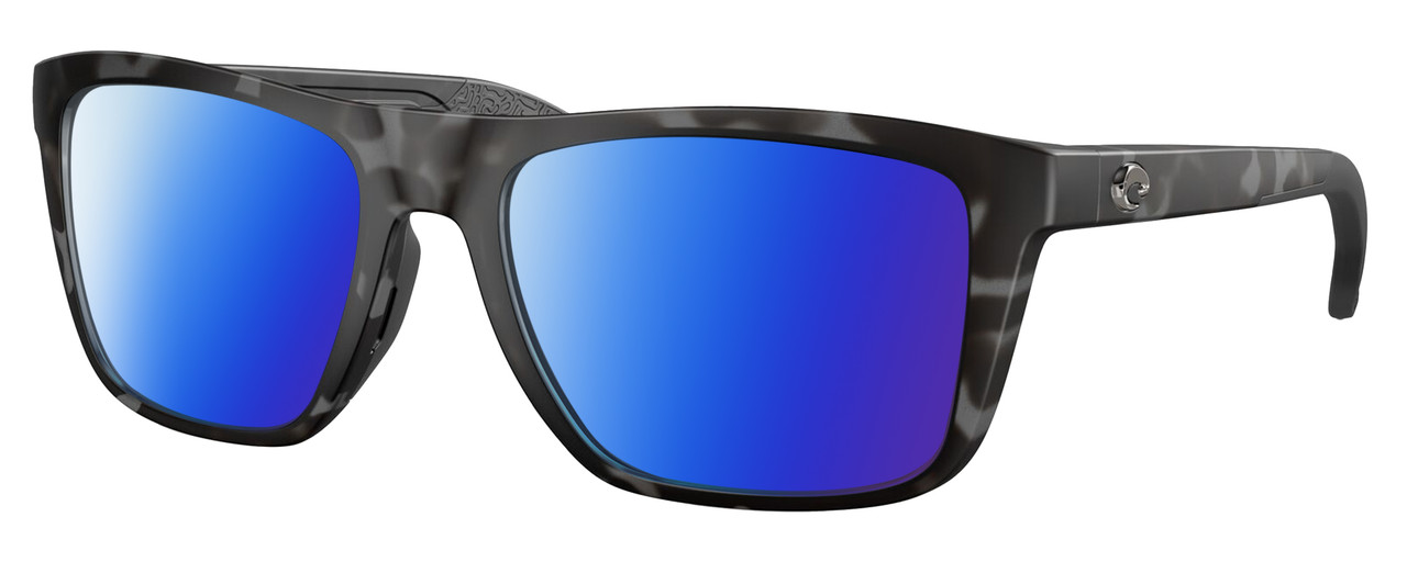 Profile View of Costa Del Mar Mainsail Designer Polarized Sunglasses with Custom Cut Blue Mirror Lenses in Matte Gray Tiger Shark Unisex Rectangular Full Rim Acetate 55 mm