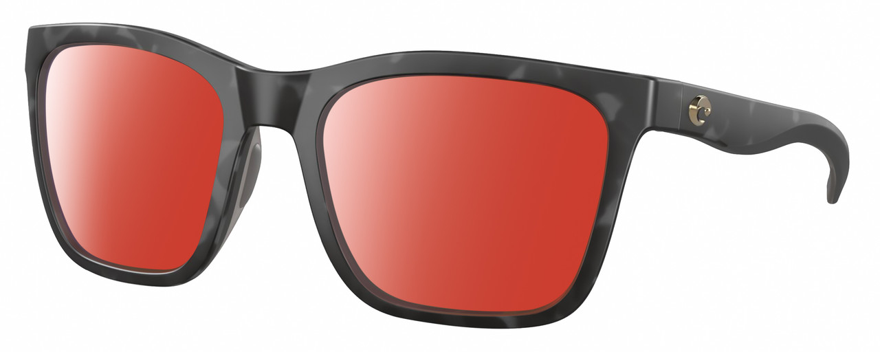 Profile View of Costa Del Mar Panga Designer Polarized Sunglasses with Custom Cut Red Mirror Lenses in Matte Gray Tortoise Havana Ladies Cat Eye Full Rim Acetate 56 mm