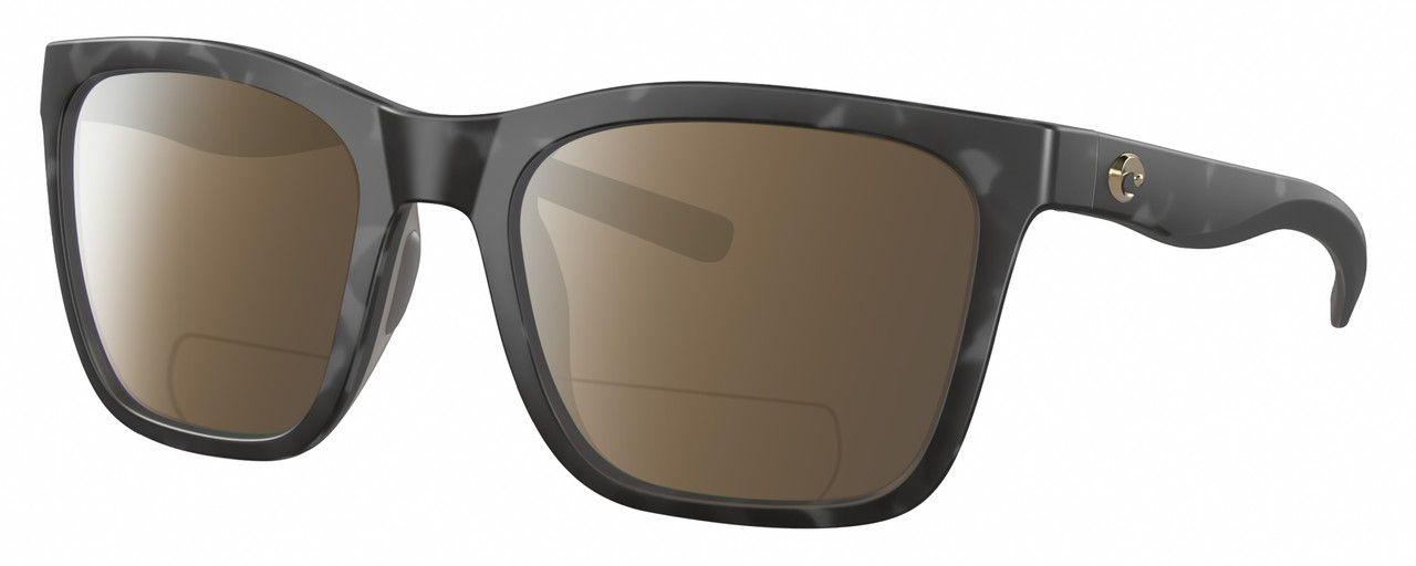 Profile View of Costa Del Mar Panga Designer Polarized Reading Sunglasses with Custom Cut Powered Amber Brown Lenses in Matte Gray Tortoise Havana Ladies Cat Eye Full Rim Acetate 56 mm