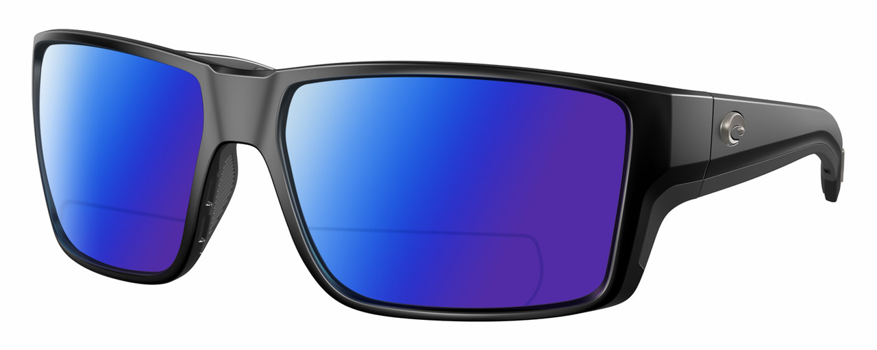 Profile View of Costa Del Mar Reefton Pro Designer Polarized Reading Sunglasses with Custom Cut Powered Blue Mirror Lenses in Matte Black Unisex Rectangular Full Rim Acetate 63 mm