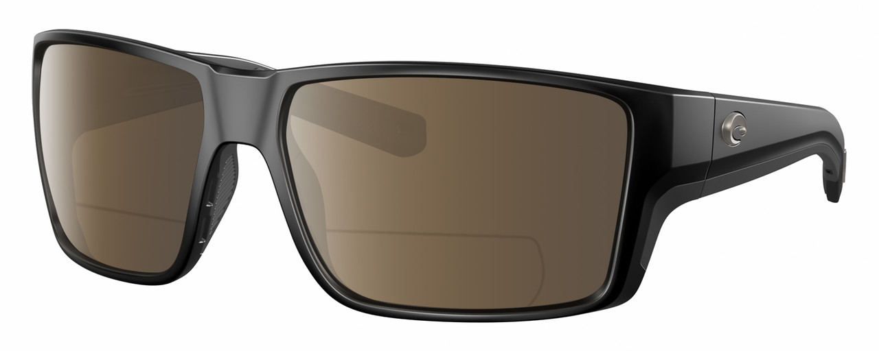 Profile View of Costa Del Mar Reefton Pro Designer Polarized Reading Sunglasses with Custom Cut Powered Amber Brown Lenses in Matte Black Unisex Rectangular Full Rim Acetate 63 mm