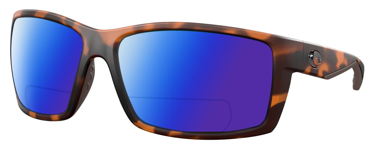 Profile View of Costa Del Mar Reefton Designer Polarized Reading Sunglasses with Custom Cut Powered Blue Mirror Lenses in Matte Amber Brown Retro Tortoise Havana Unisex Rectangular Full Rim Acetate 64 mm