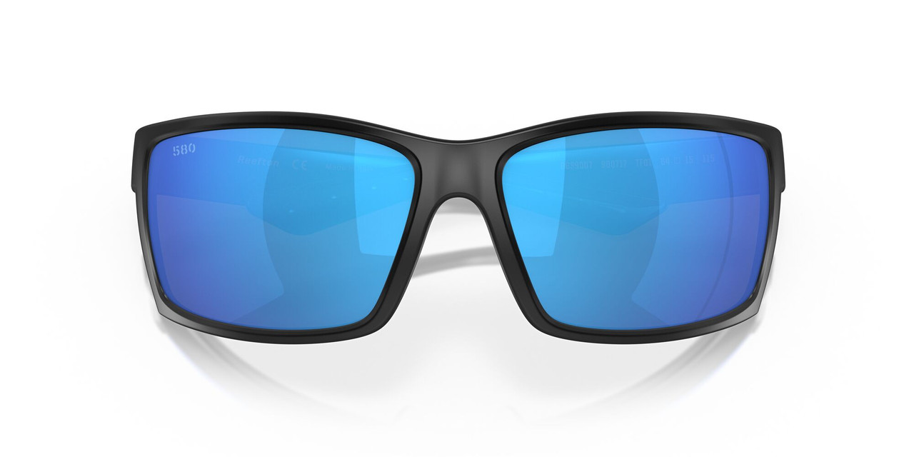 Close Up View of Costa Del Mar Reefton Unisex Sunglasses in Black/Polarized Blue Mirror 580G 64mm