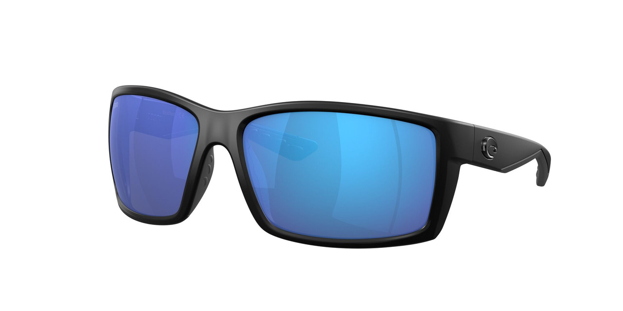 Close Up View of Costa Del Mar Reefton Unisex Sunglasses in Black/Polarized Blue Mirror 580G 64mm Alternate 1