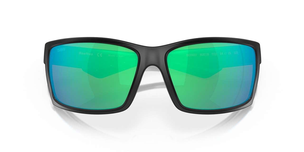 Close Up View of Costa Del Mar Reefton Unisex Sunglass in Black/Polarized Green Mirror 580G 64 mm