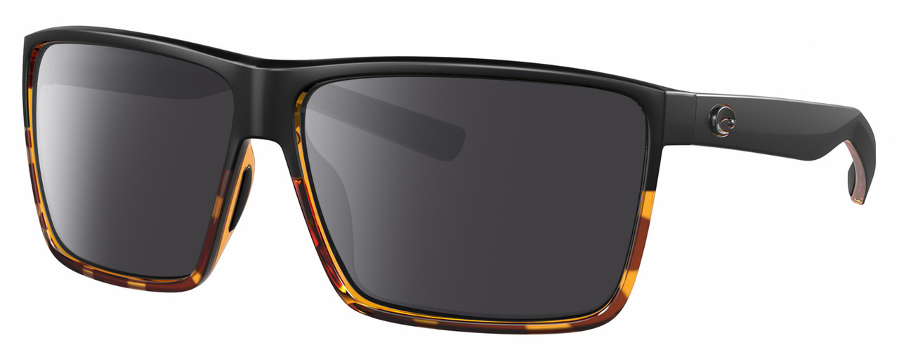 Profile View of Costa Del Mar Rincon Designer Polarized Sunglasses with Custom Cut Smoke Grey Lenses in Matte Black Shiny Amber Brown Tortoise Havana Unisex Square Full Rim Acetate 63 mm