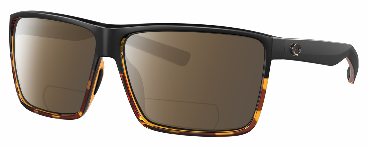 Profile View of Costa Del Mar Rincon Designer Polarized Reading Sunglasses with Custom Cut Powered Amber Brown Lenses in Matte Black Shiny Amber Brown Tortoise Havana Unisex Square Full Rim Acetate 63 mm