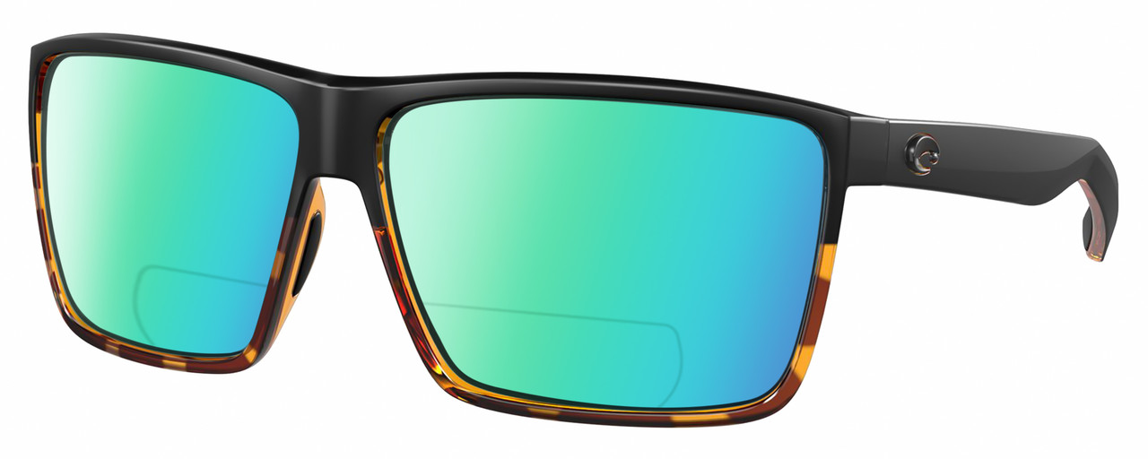 Profile View of Costa Del Mar Rincon Designer Polarized Reading Sunglasses with Custom Cut Powered Green Mirror Lenses in Matte Black Shiny Amber Brown Tortoise Havana Unisex Square Full Rim Acetate 63 mm