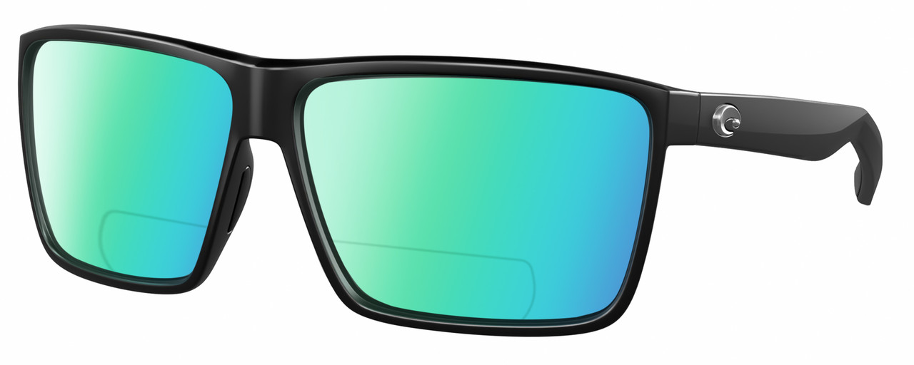 Profile View of Costa Del Mar Rincon Designer Polarized Reading Sunglasses with Custom Cut Powered Green Mirror Lenses in Matte Black Unisex Square Full Rim Acetate 63 mm