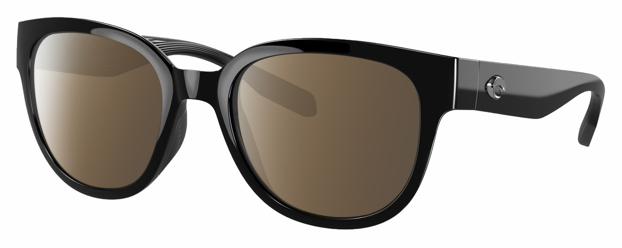 Profile View of Costa Del Mar Salina Designer Polarized Sunglasses with Custom Cut Amber Brown Lenses in Shiny Black Ladies Cat Eye Full Rim Acetate 53 mm