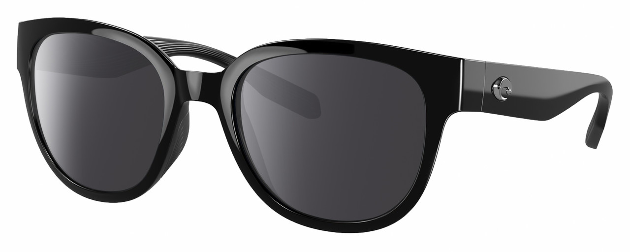 Profile View of Costa Del Mar Salina Designer Polarized Sunglasses with Custom Cut Smoke Grey Lenses in Shiny Black Ladies Cat Eye Full Rim Acetate 53 mm