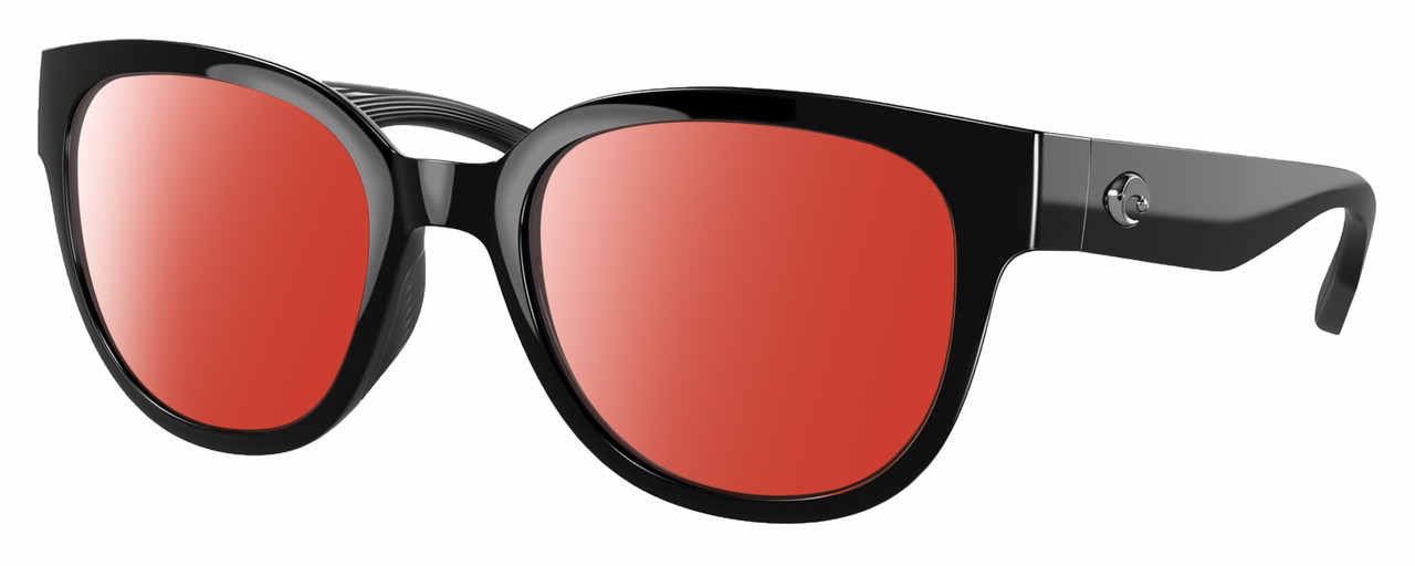Profile View of Costa Del Mar Salina Designer Polarized Sunglasses with Custom Cut Red Mirror Lenses in Shiny Black Ladies Cat Eye Full Rim Acetate 53 mm