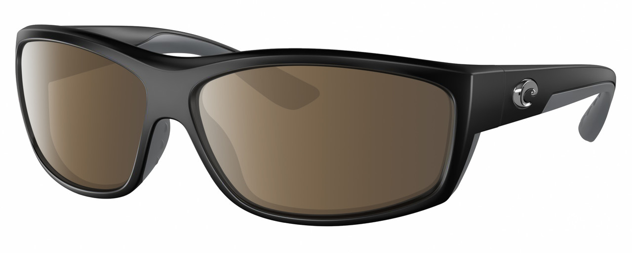 Profile View of Costa Del Mar Salt Break Designer Polarized Sunglasses with Custom Cut Amber Brown Lenses in Matte Black Gray Unisex Rectangular Full Rim Acetate 65 mm