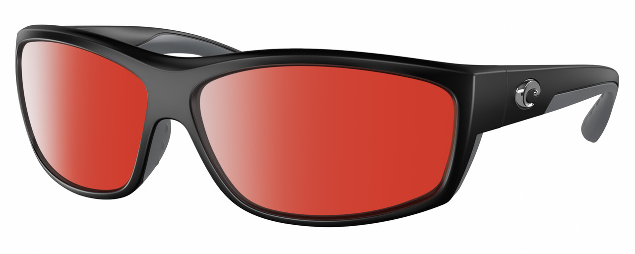 Profile View of Costa Del Mar Salt Break Designer Polarized Sunglasses with Custom Cut Red Mirror Lenses in Matte Black Gray Unisex Rectangular Full Rim Acetate 65 mm