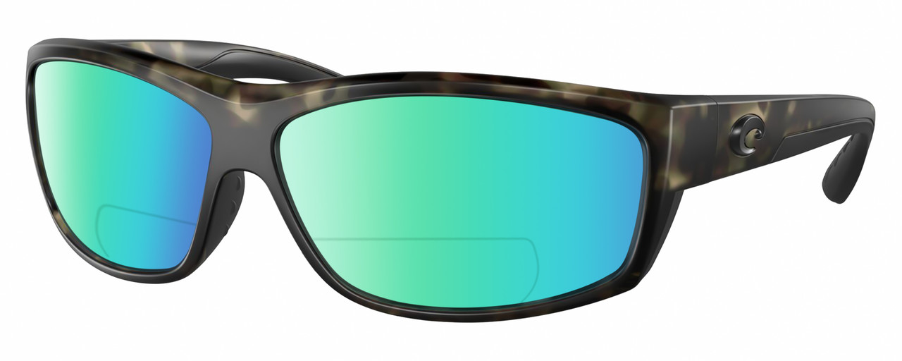 Profile View of Costa Del Mar Salt Break Designer Polarized Reading Sunglasses with Custom Cut Powered Green Mirror Lenses in Matte Brown Gray Crystal Black Wetlands Unisex Rectangular Full Rim Acetate 65 mm