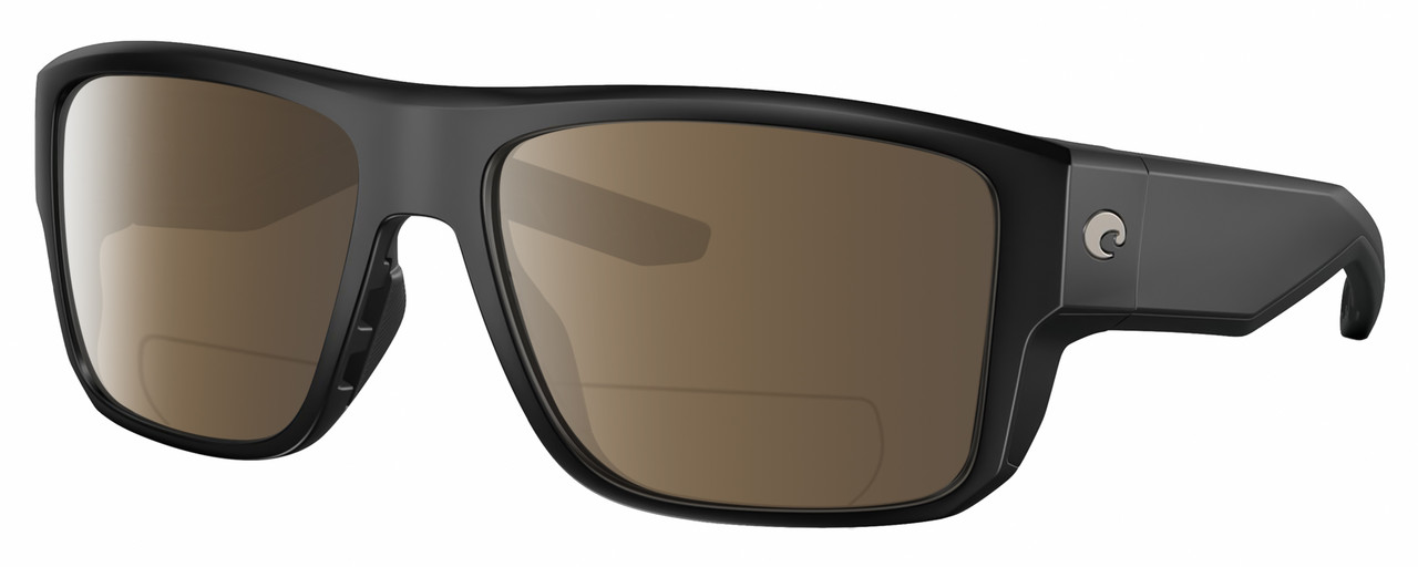 Profile View of Costa Del Mar Taxman Designer Polarized Reading Sunglasses with Custom Cut Powered Amber Brown Lenses in Matte Black Unisex Square Full Rim Acetate 59 mm