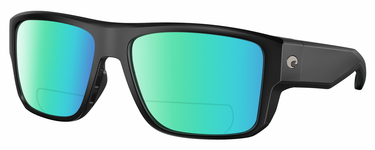 Profile View of Costa Del Mar Taxman Designer Polarized Reading Sunglasses with Custom Cut Powered Green Mirror Lenses in Matte Black Unisex Square Full Rim Acetate 59 mm