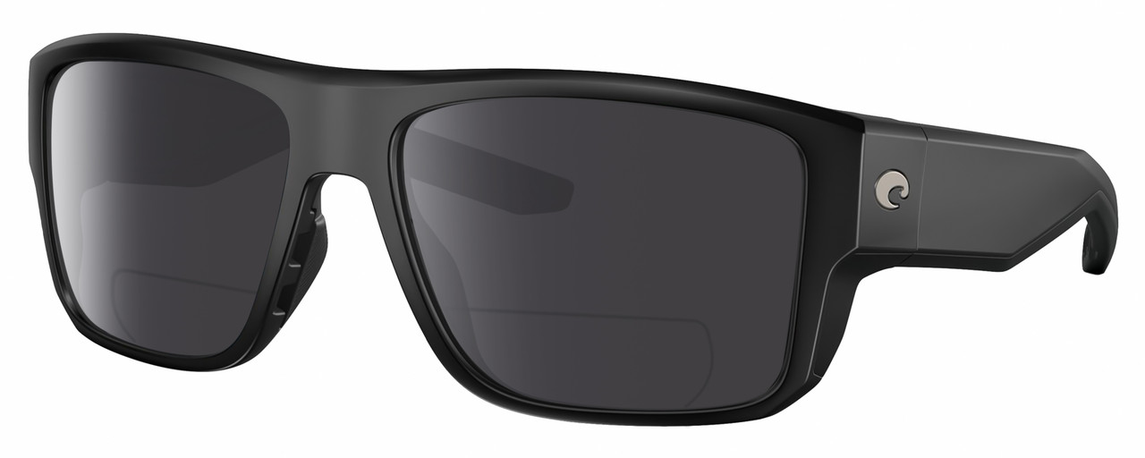 Profile View of Costa Del Mar Taxman Designer Polarized Reading Sunglasses with Custom Cut Powered Smoke Grey Lenses in Matte Black Unisex Square Full Rim Acetate 59 mm