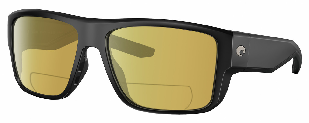 Profile View of Costa Del Mar Taxman Designer Polarized Reading Sunglasses with Custom Cut Powered Sun Flower Yellow Lenses in Matte Black Unisex Square Full Rim Acetate 59 mm
