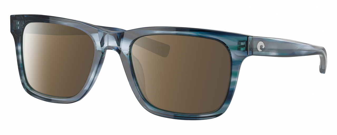 Profile View of Costa Del Mar Tybee Designer Polarized Sunglasses with Custom Cut Amber Brown Lenses in Blue Teal Crystal Ocean Currents Unisex Panthos Full Rim Acetate 55 mm