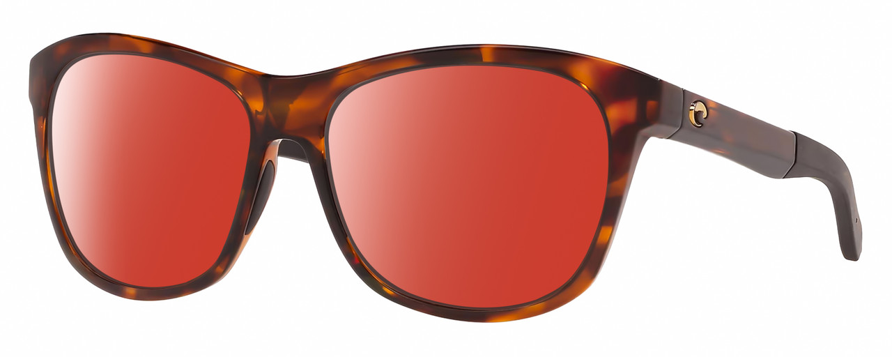 Profile View of Costa Del Mar Vela Designer Polarized Sunglasses with Custom Cut Red Mirror Lenses in Shiny Amber Brown Tortoise Havana Black Unisex Cat Eye Full Rim Acetate 56 mm